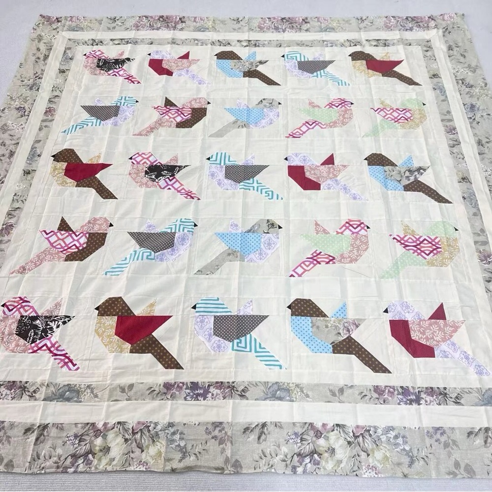 Handmade Bird Patchwork Quilt Throw in Cream, Pink & Blue